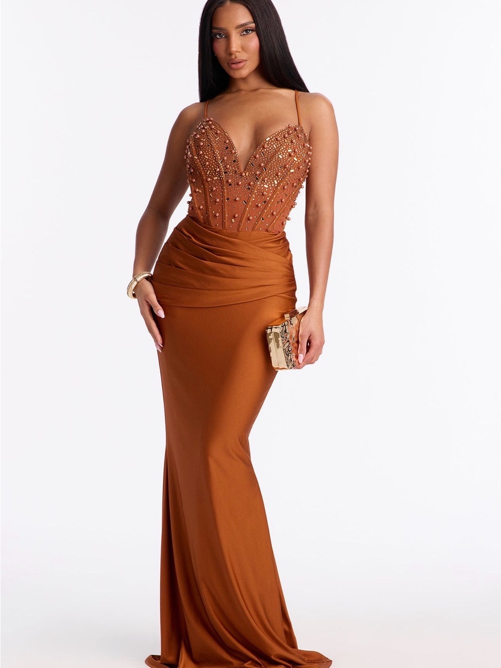 Fashion Nova Copper Beaded Mermaid Prom Dress